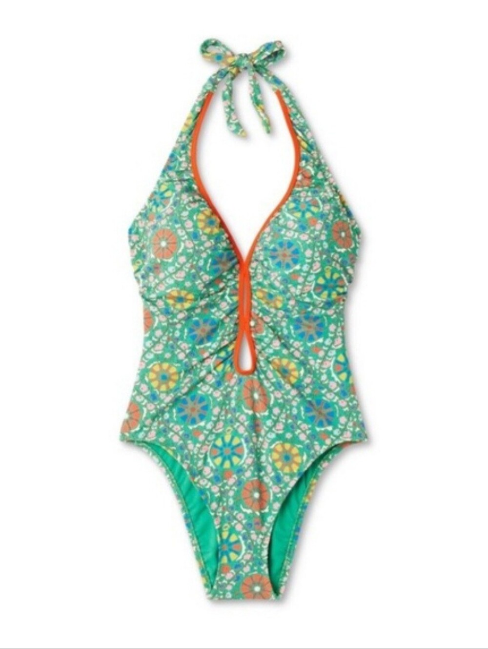 Women's Green Mosaic Halter V Neck One-Piece Swimsuit with Coral Trim Large - Picture 10 of 16